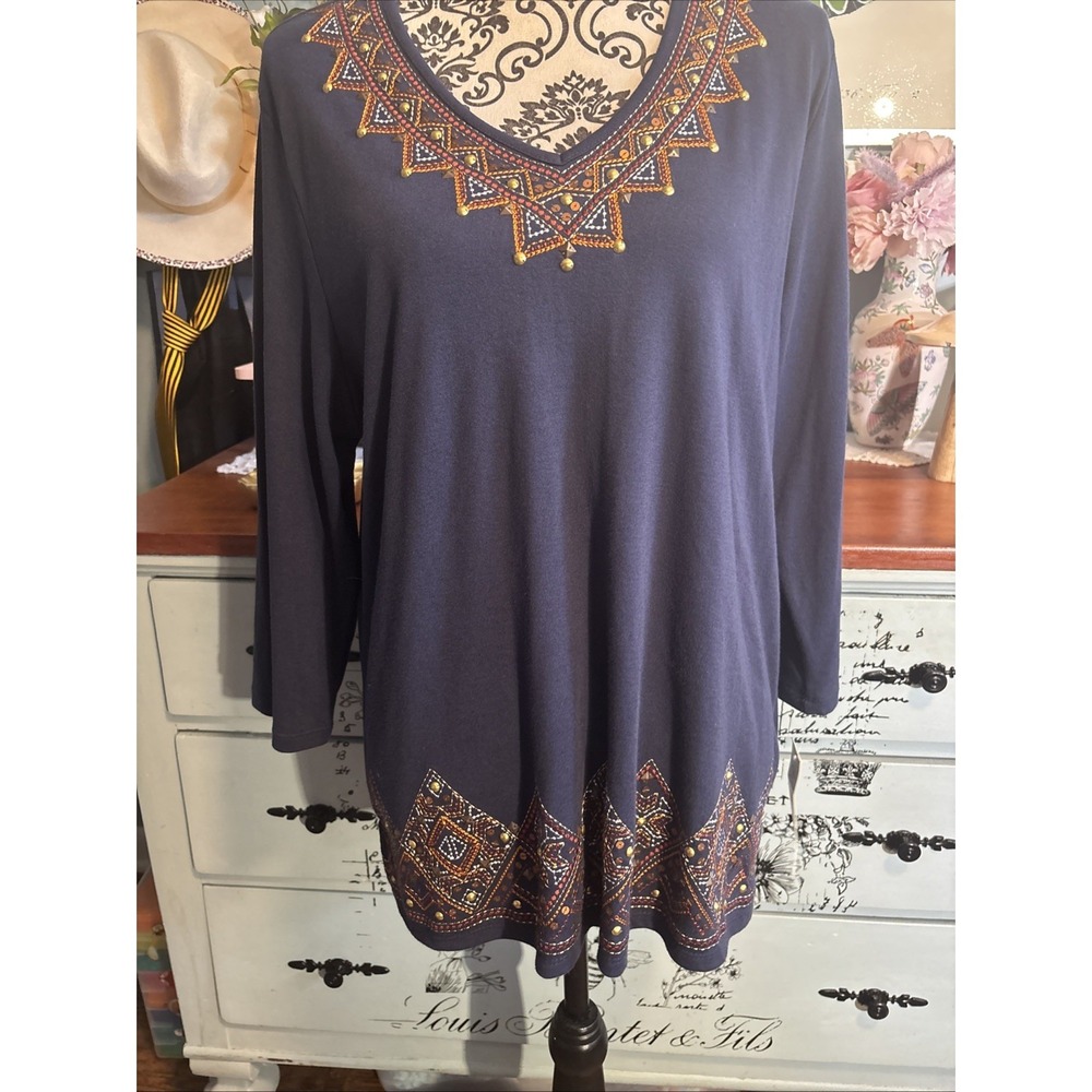 NWT ALFRED DUNNER NAVY BLUE COTTON BLEND EMBELLISHED BLOUSE SZ L